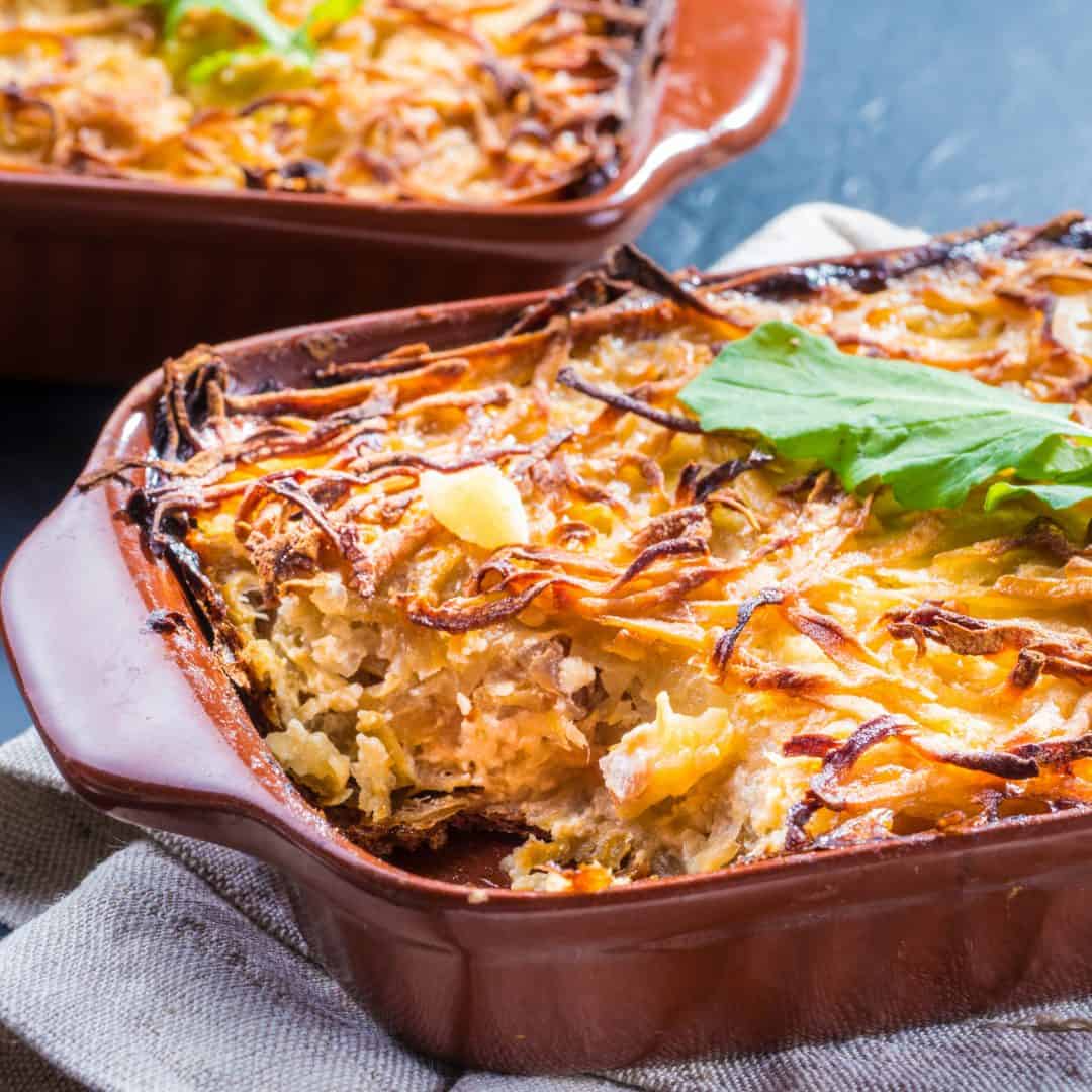 French fried onions topped on potato casserole