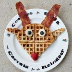 waffle in the shape of a reindeer with bacon