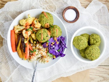 Falafel Couscous Bowl with a side of falafel and salt