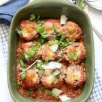 Eggplant parmesan casserole fresh from the oven in a baking dish