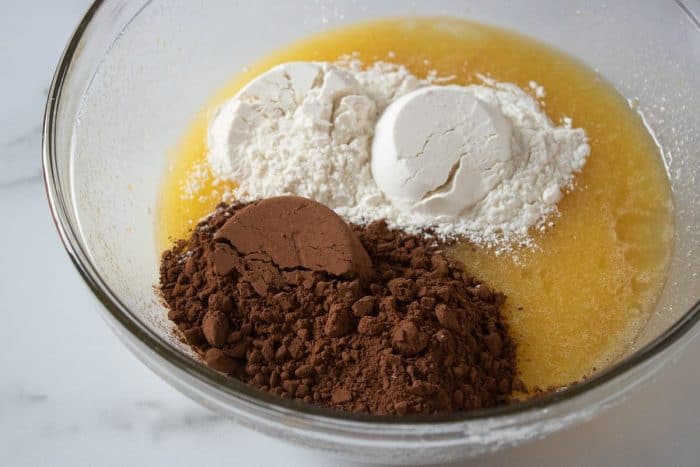 dry ingredients such as cocoa, flour and salt are added to the mixture on a large glass mixing bowl