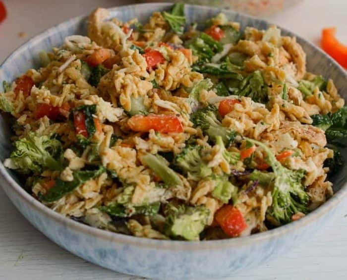 Gluten-free pasta spirals mingle with the crunch of fresh vegetables and the tender chunks of protein-packed chicken, all enveloped in a luscious, herby ranch dressing.