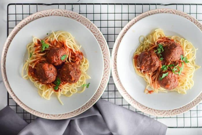 gluten-free spaghetti with lentil meatballs in marinara sauce