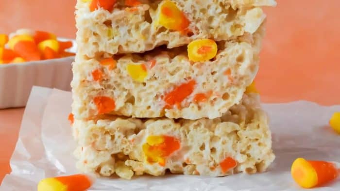 3 small layers of candy corn rice krispies this recipe brings together this delightful Halloween treat and the classic, gooey goodness of Rice Krispies Treats