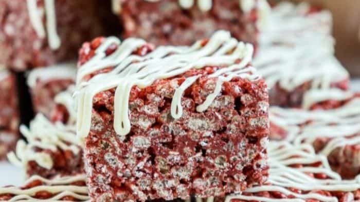 red velvet Rice Krispies Treats are fun and easy drizzled with white chocolate on top