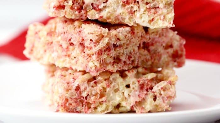 these strawberry Rice Krispies Treats are a delightful and fruity variation on the beloved classic. Adding strawberries creates pink, gooey, delicious marshmallow-filled treats