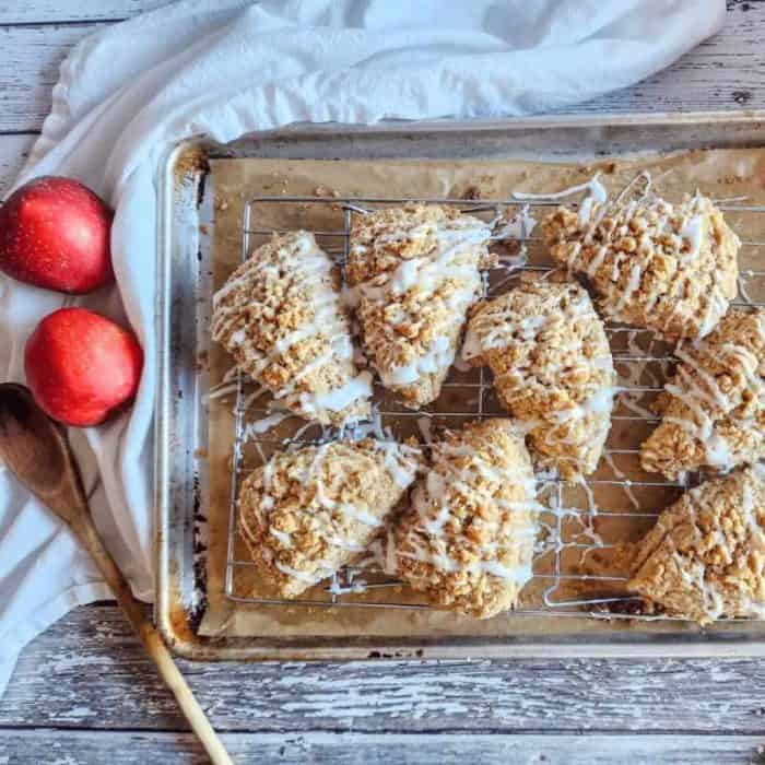 These homemade apple crumble scones are flaky and buttery, with delightful bursts of apple and a delightful crunchy crumble topping.