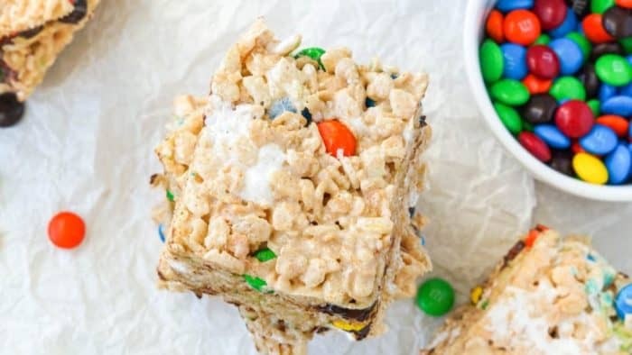 freshly baked Rice Krispies with browned butter, just the right amount of salt, and M&Ms