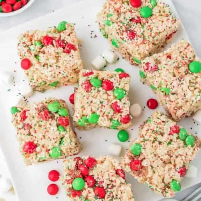 Christmas Rice Krispies Treats. These treats sport a colorful Christmas makeover by adding holiday M&Ms and red and green sprinkles