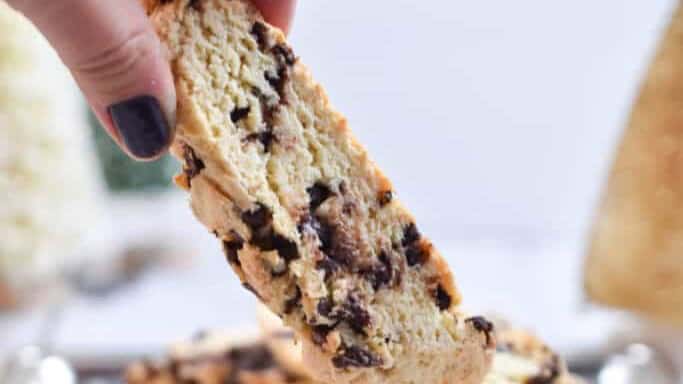 this biscotti made with sourdough discard is just the right amount of flavor and crunch with the perfect sweetness from the added chocolate chips