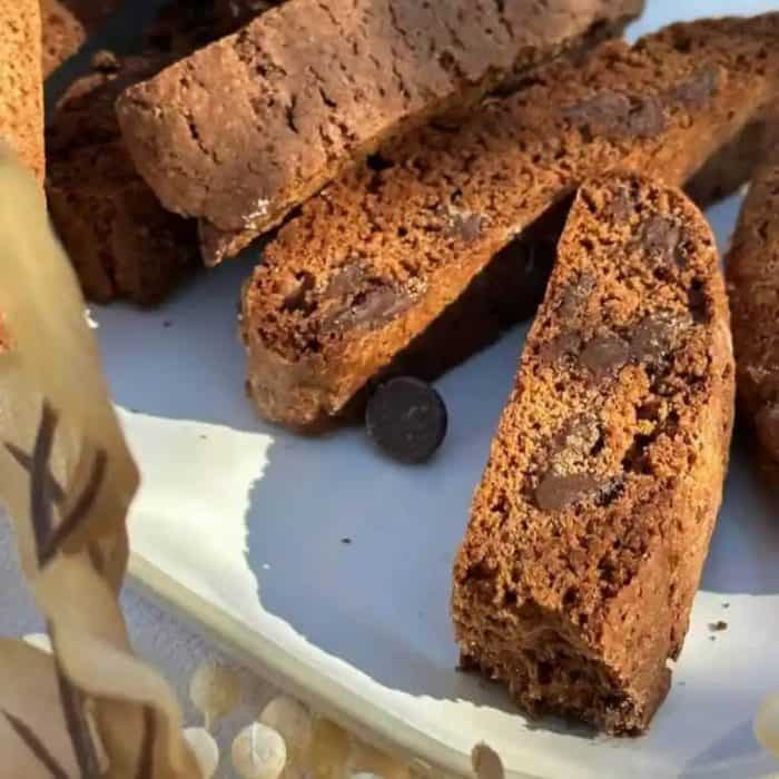 This chocolate sourdough biscotti recipe produces a crispy cookie that brings to mind the texture of brownie brittle.