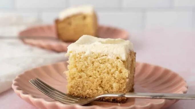 sourdough discard with this delightful Sourdough Vanilla Cake on a small peach plate