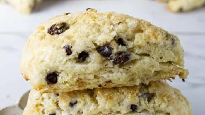a stacks of simple sourdough scones with it's chocolate chips