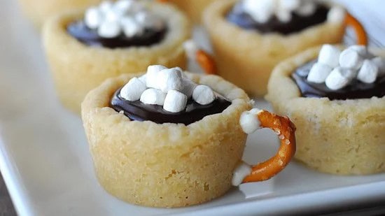 hot choco cookie cups, where the cookie forms a cup that's filled with a luscious hot chocolate ganache and topped with mini marshmallows