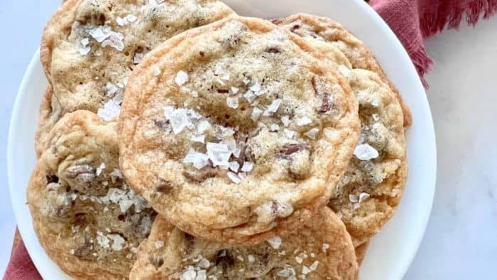 Crunch into the sweet and salty harmony of these cookies, where the classic chocolate chip cookie gets a gourmet twist with toffee bits and a sprinkle of sea salt — perfect for those who appreciate the balance of flavors.