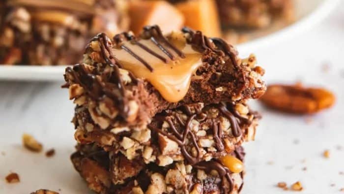 This one’s a confection that pairs the classic thumbprint cookie with the rich trio of caramel, chocolate, and pecans.