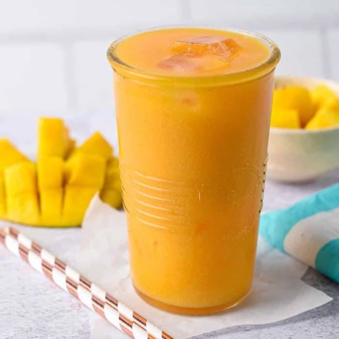 a glass of creamy, fiber-rich mango juice