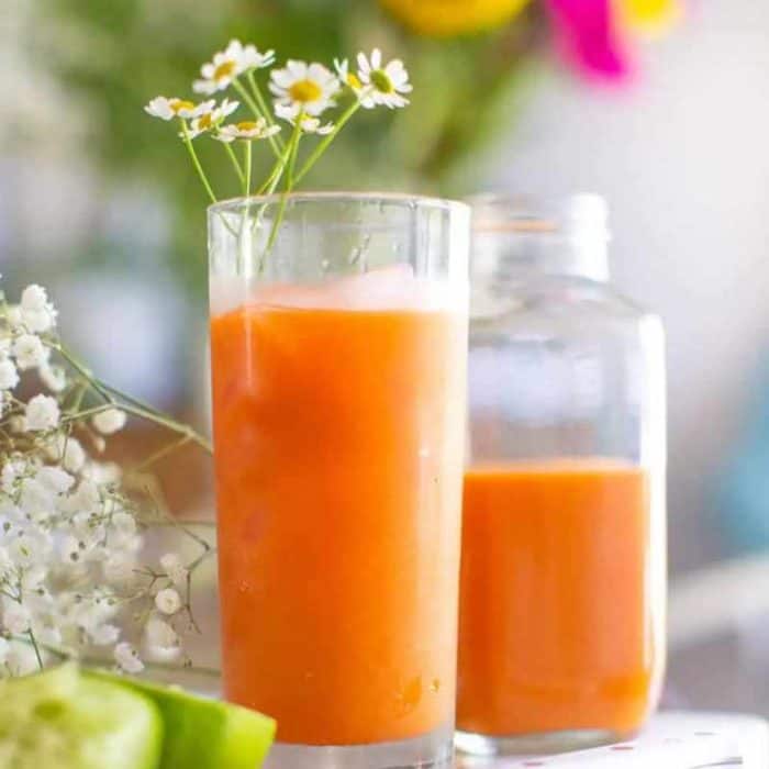 Freshly juiced carrots, pineapples, and oranges are mixed with lemon juice in this drink.