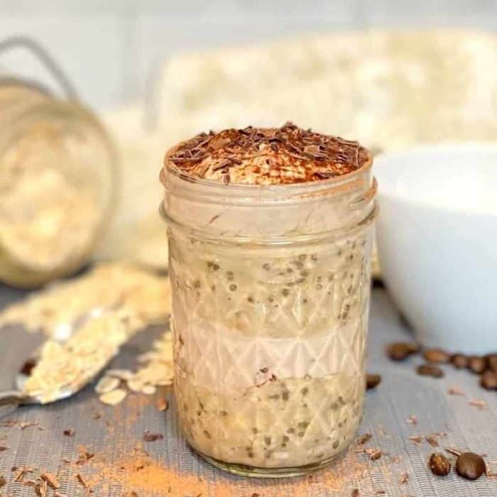 Coffee-soaked oats and chia seeds are layered with a decadent mixture of Greek yogurt, mascarpone flavor, cocoa powder, and honey