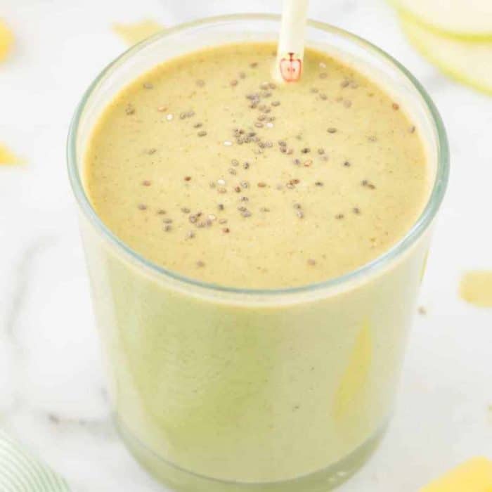 a glass of this smoothie is a creamy blend of tart apples, sweet bananas, and tropical pineapple chunks for an ultra-refreshing morning drink!