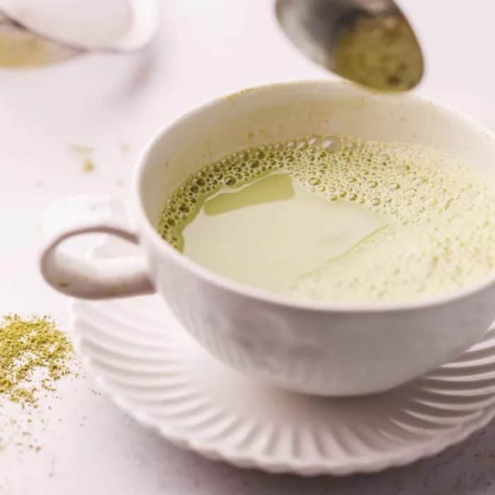 Almond milk and matcha powder come together in this matcha latte drink that's equal parts soothing and nutritious. 