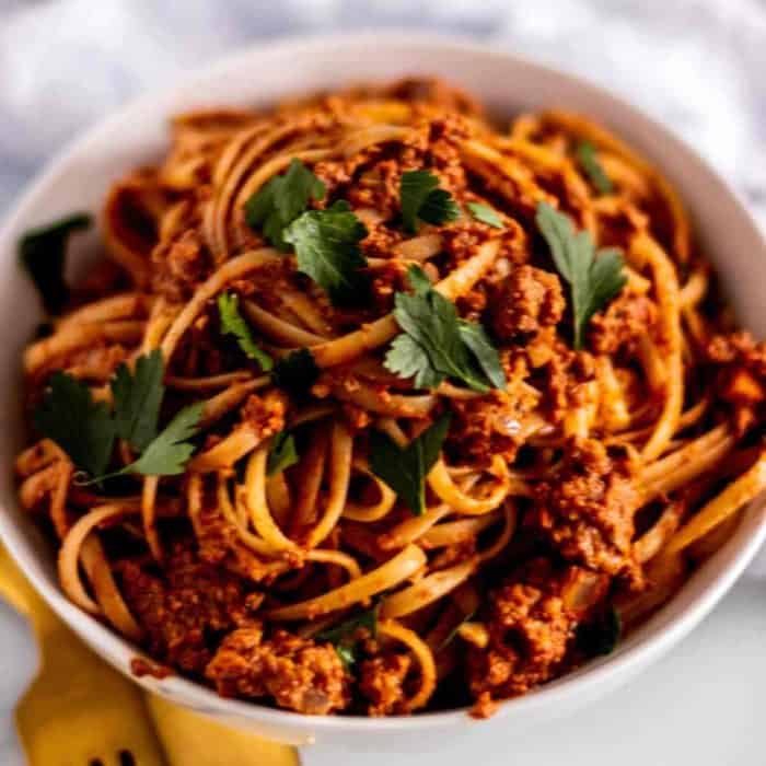 a plate filled with Vegan Bolognese with Walnuts