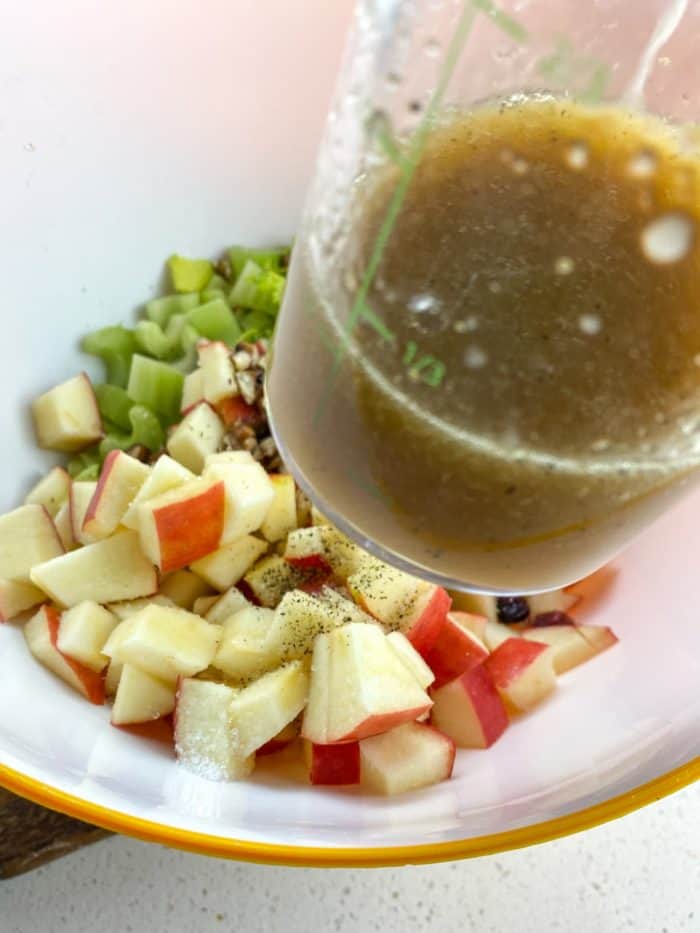 In a large salad bowl, toss together celery, apples, celery leaves, cranberries, and part of the toasted pecans. Season with salt and pepper to taste, then dress with the vinaigrette.