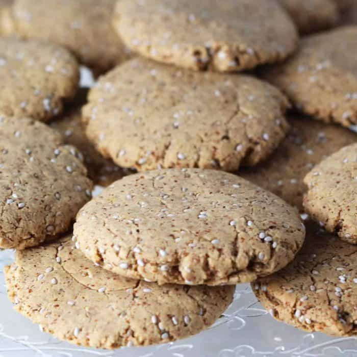 Created with almond butter, enhanced with protein powder, and dotted with chia seeds, these almond cookies are super filling and packed with protein! 