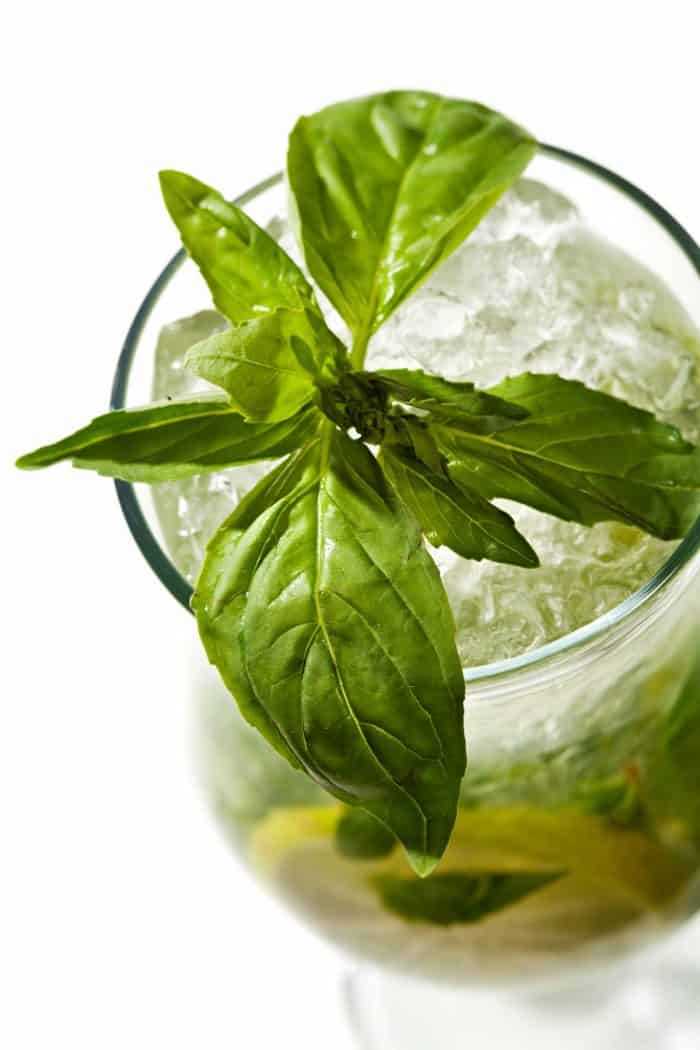 a close up image of a glass of cocktail topped with basil leaves