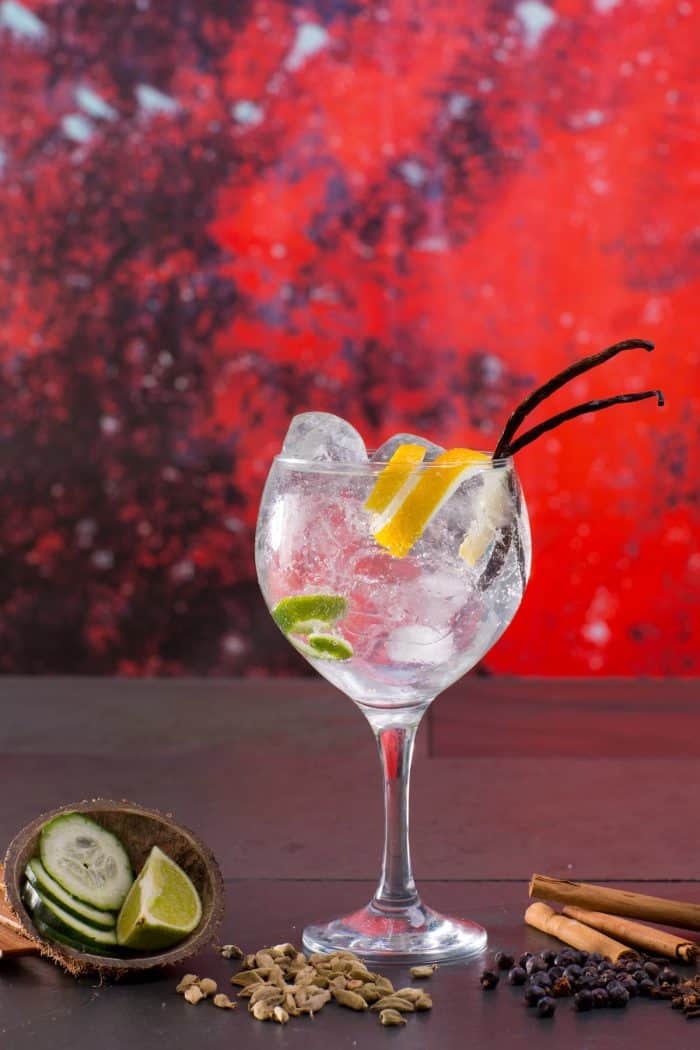 Gin tonic cocktail with spices in red grunge background