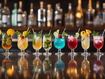 a bunch of cocktails flavors placed on a bar counter