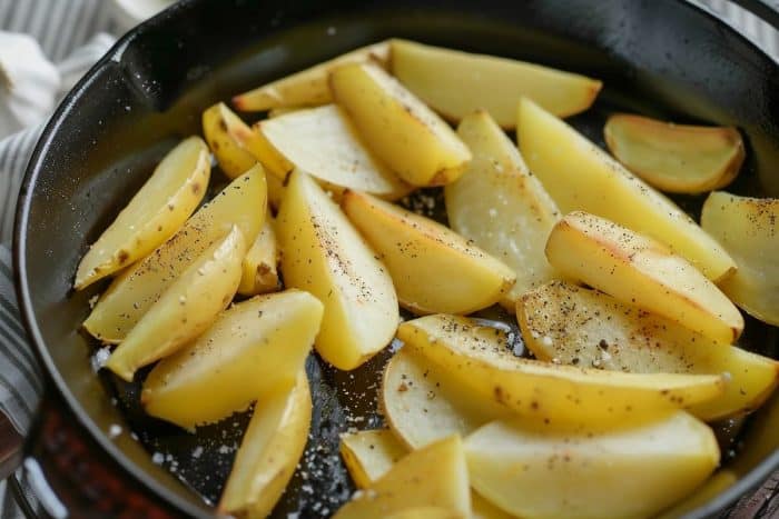 Arrange the potato wedges in a single layer on a large cast-iron skillet. Sprinkle with garlic powder and season with salt and black pepper, to taste. Set aside.