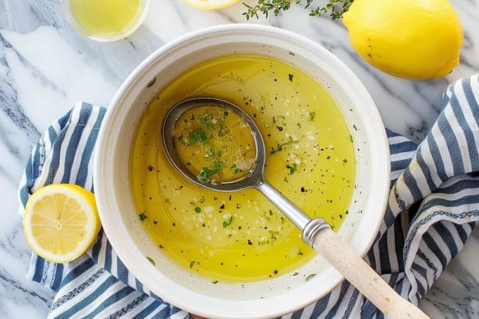 Mix vegetable broth, olive oil, lemon juice, lemon zest, and oregano in a medium-sized mixing bowl and pour over the potatoes.