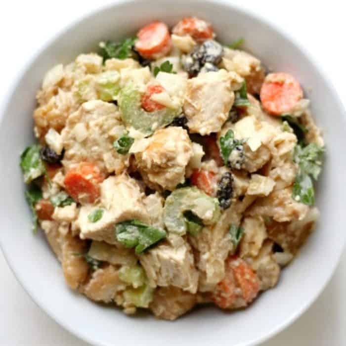 a bowl full of tahini chicken salad