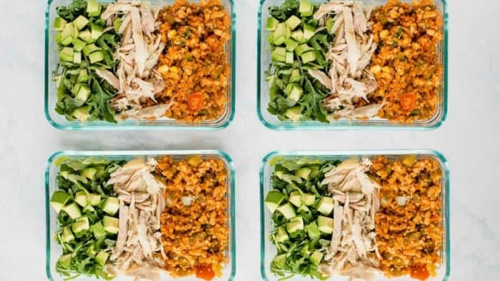 four lunchboxes full of low carb mexican meal