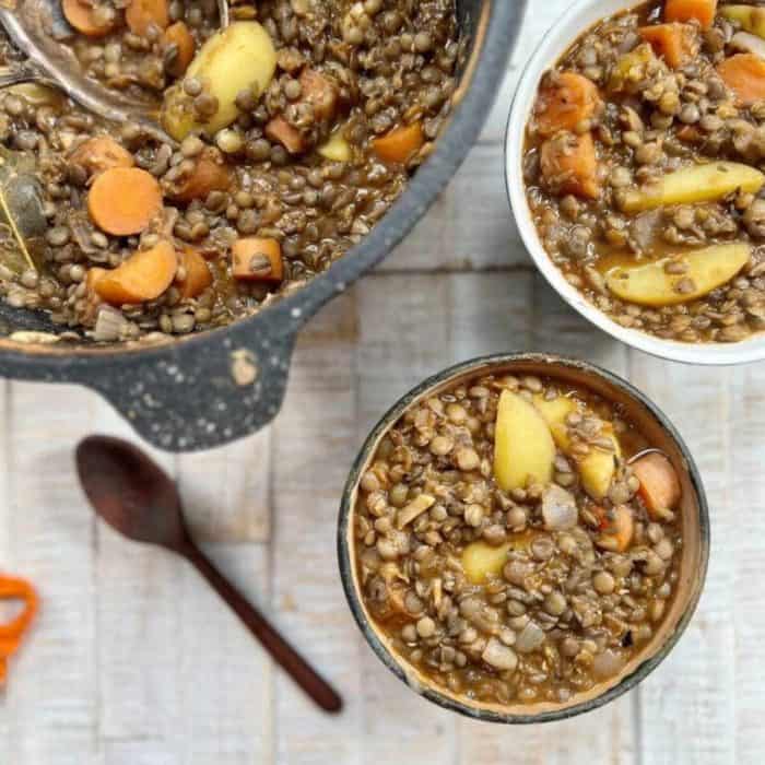 photos of easy protein packed lentil soup in three different sizes of bowls