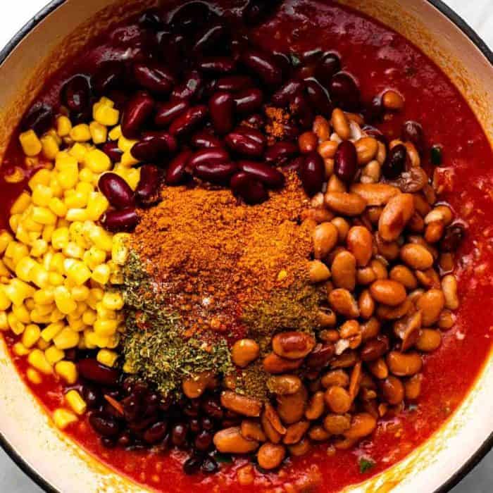 a photo of three bean chili on a bowl