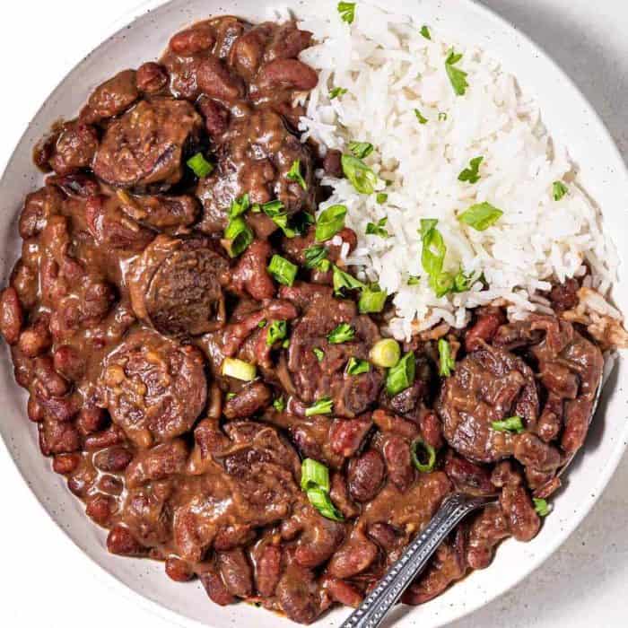 a photo of Instant Pot Red Beans and Rice on a white bowl