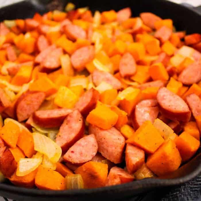 a pan full of sweet potato sausage skillet