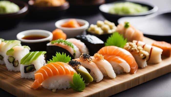 colorful and creative sushi garnishes on a wooden plate, which turn each roll into a miniature masterpiece on your plate.