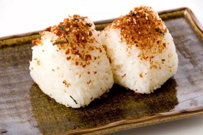 Japanese food, homemade furikake Rice ball on dish