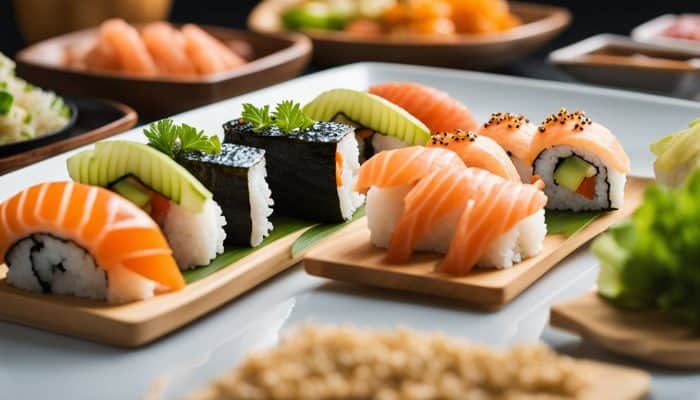 different types of freshly made sushi placed on a wooden plate
