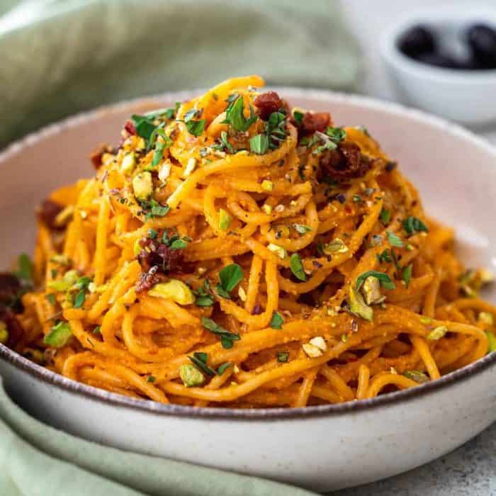 a plate filled with spicy Harissa Pasta