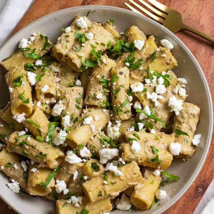 a plate full of Vegan Baba Ganoush Pasta and a fork on the side