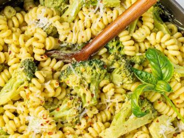a close up photo of Vegan Broccoli Pasta in a pan