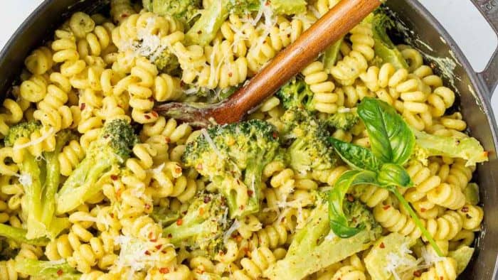 a close up photo of Vegan Broccoli Pasta in a pan