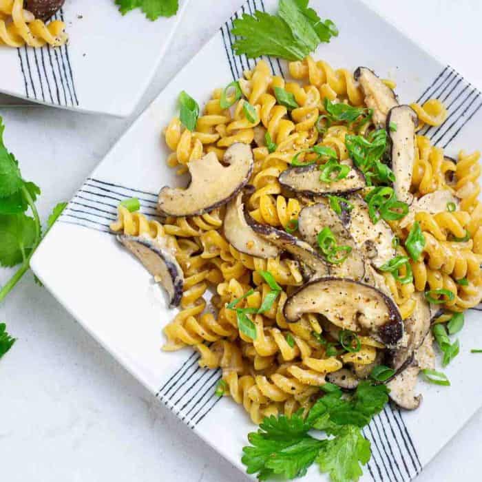 a square plate filled with Creamy Miso Mushroom Pasta