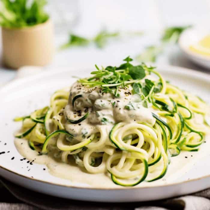 a close up photo of Vegan Keto Cashew Cauliflower Alfredo with Zoodles pasta on a white round plate
