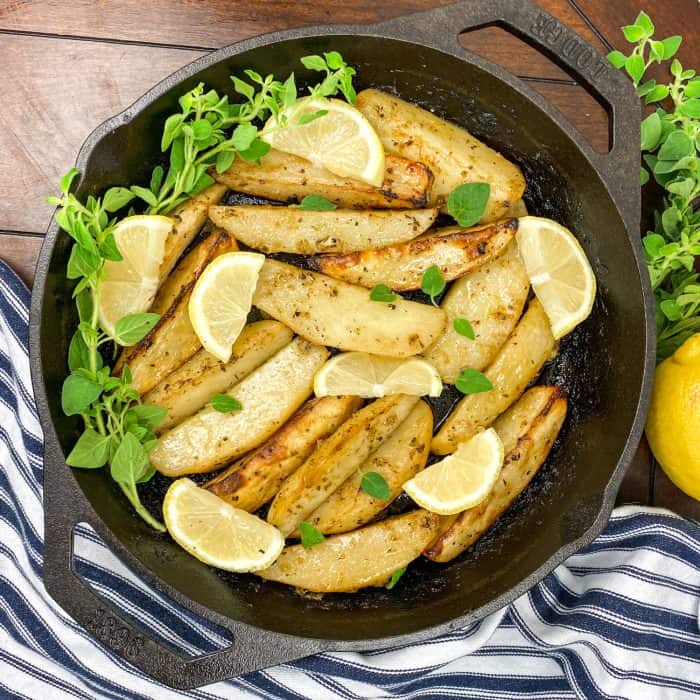 Greek-Style Lemon Potatoes on a skillet
