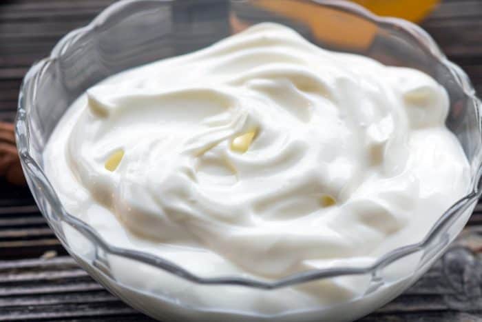Greek yogurt in glass bowl